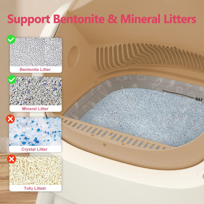 Automatic Cat Litter Box Self-Cleaning with Safety Protection, Mat and Trash Bags Included, Brown