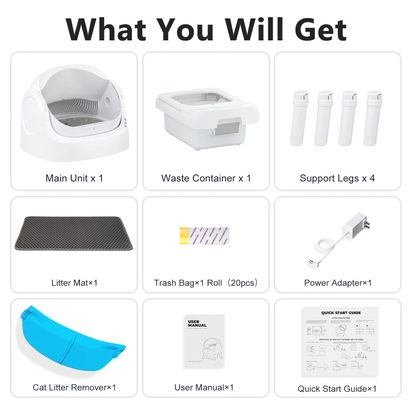 Automatic Cat Litter Box Self-Cleaning with Safety Protection, Mat and Trash Bags Included, White