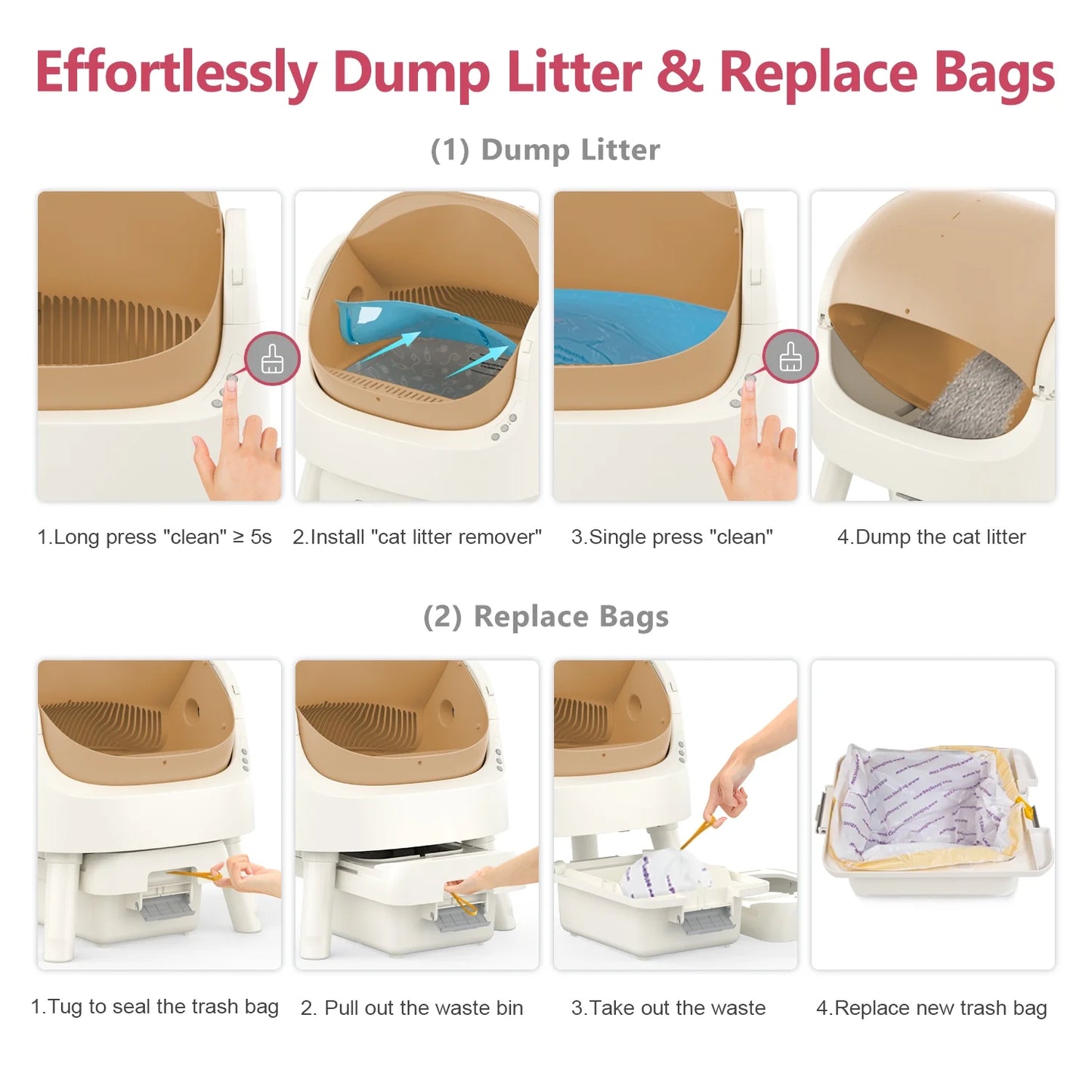 Automatic Cat Litter Box Self-Cleaning with Safety Protection, Mat and Trash Bags Included, Brown