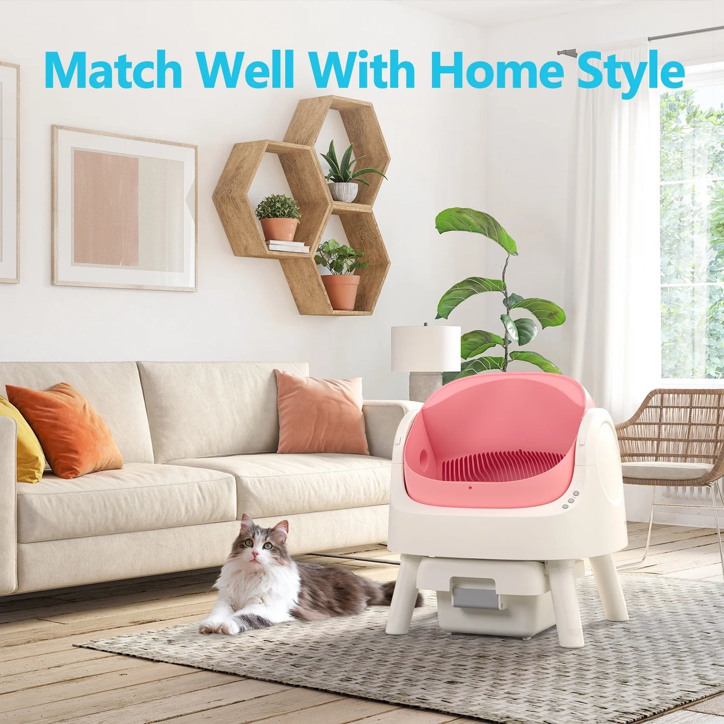 Automatic Cat Litter Box Self-Cleaning with Safety Protection, Mat and Trash Bags Included, Pink