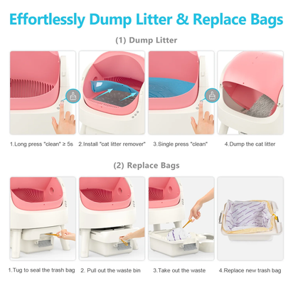 Automatic Cat Litter Box Self-Cleaning with Safety Protection, Mat and Trash Bags Included, Pink