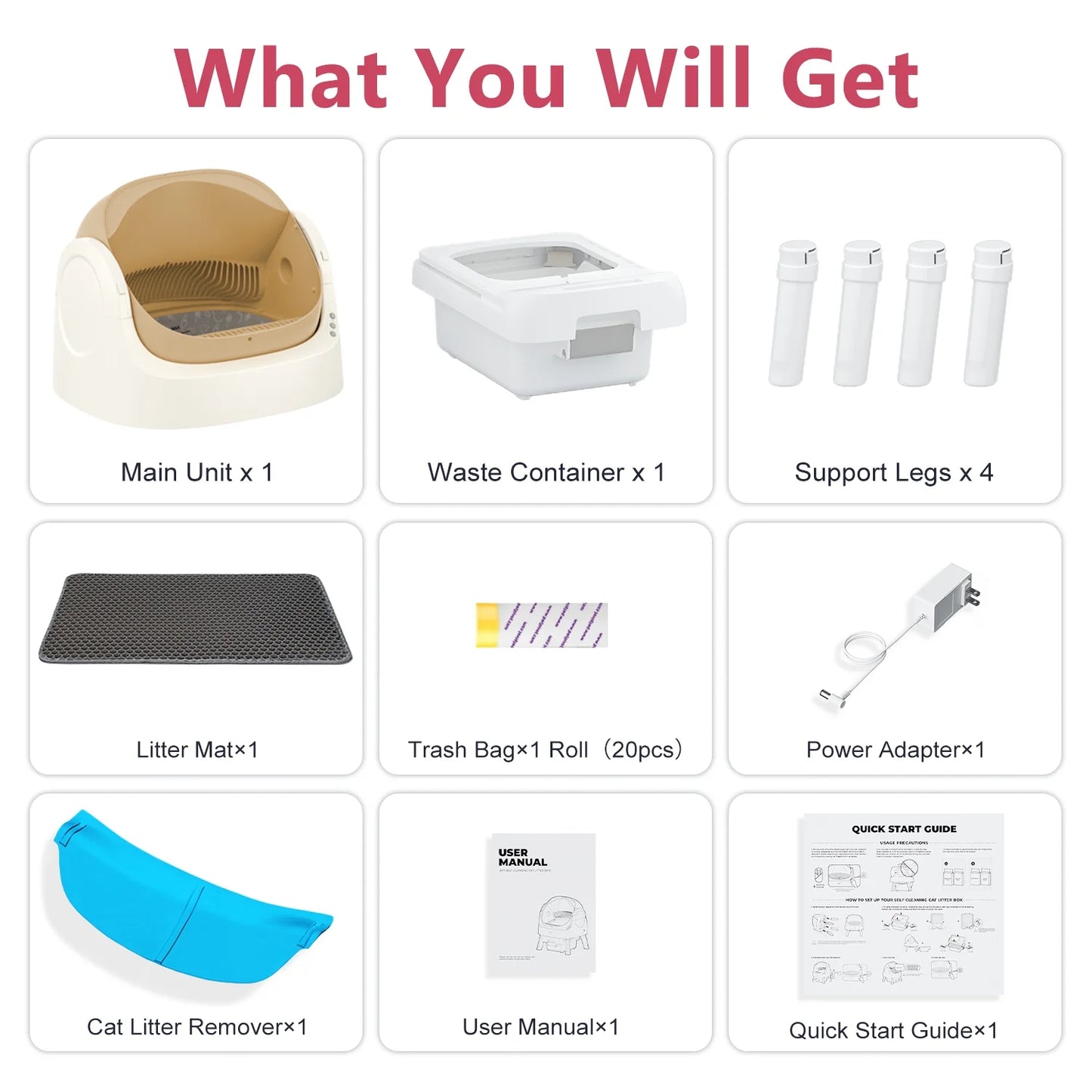 Automatic Cat Litter Box Self-Cleaning with Safety Protection, Mat and Trash Bags Included, Brown