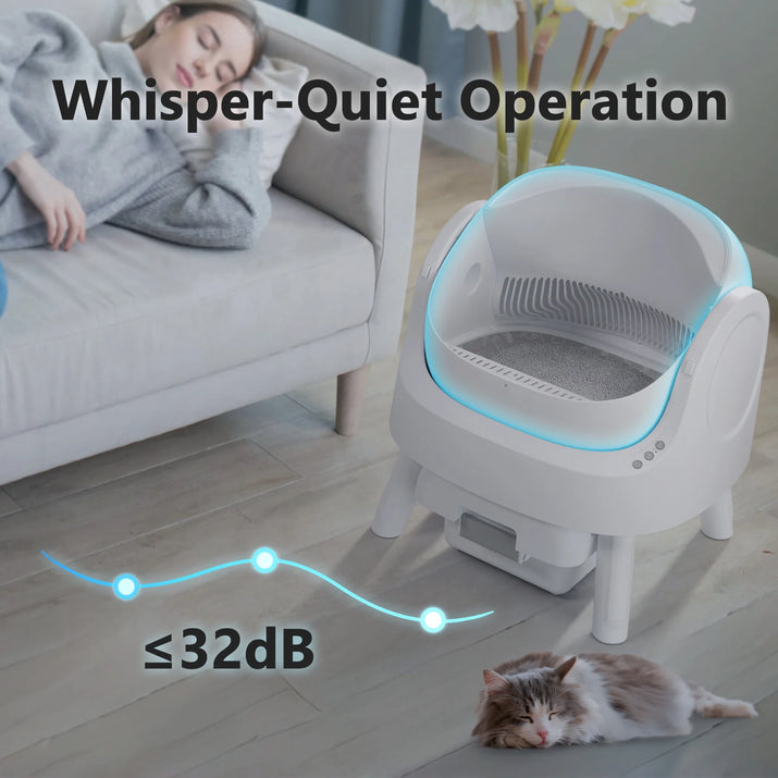 Automatic Cat Litter Box Self-Cleaning with Safety Protection, Mat and Trash Bags Included, White