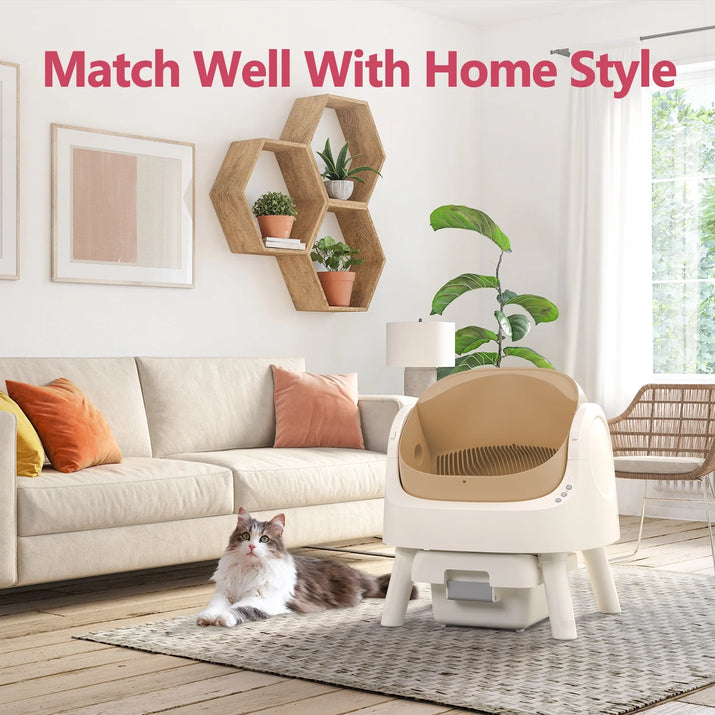 Automatic Cat Litter Box Self-Cleaning with Safety Protection, Mat and Trash Bags Included, Brown