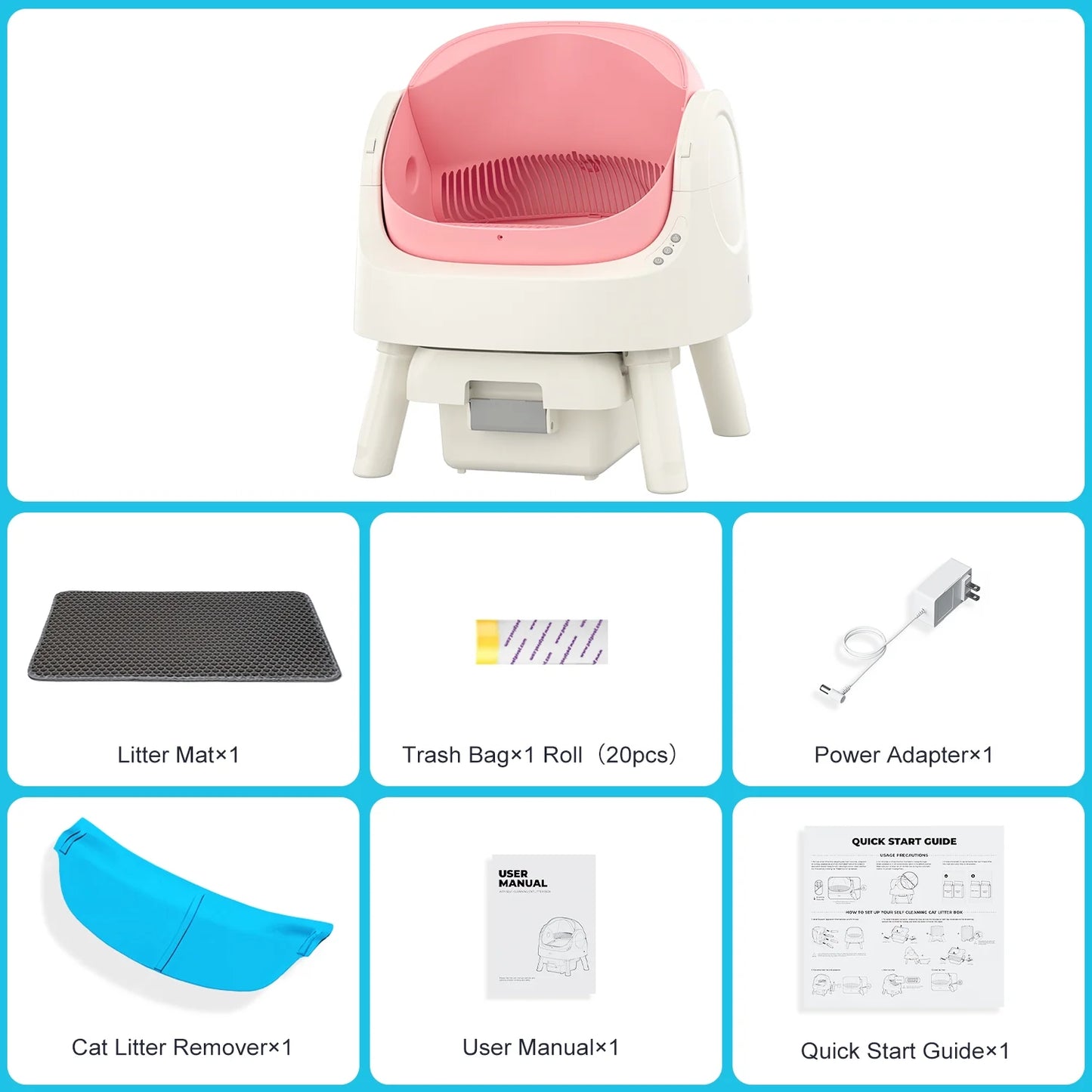 Automatic Cat Litter Box Self-Cleaning with Safety Protection, Mat and Trash Bags Included, Pink