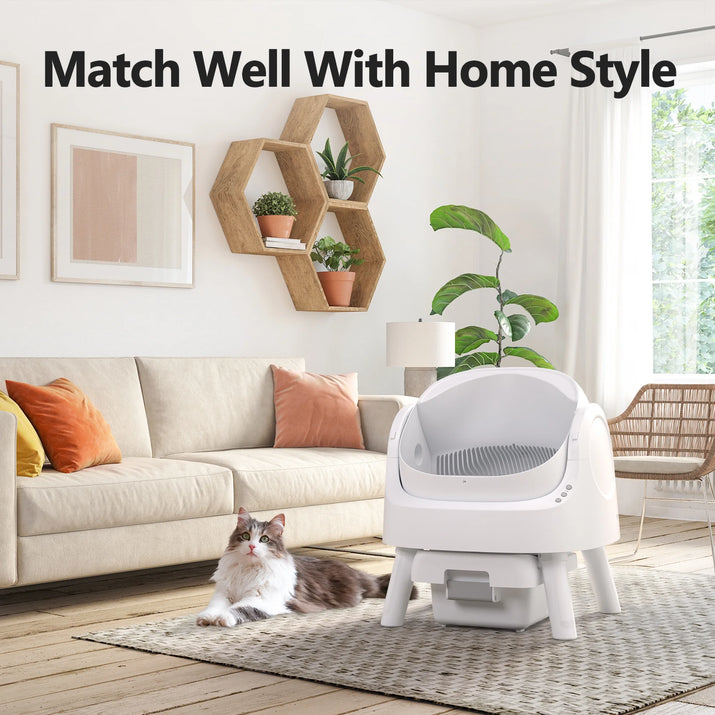 Automatic Cat Litter Box Self-Cleaning with Safety Protection, Mat and Trash Bags Included, White